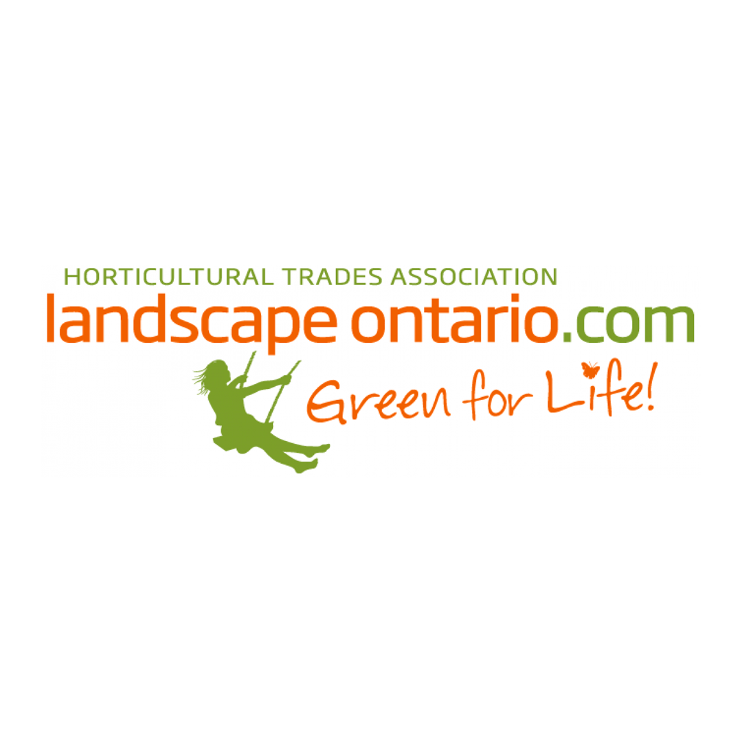 Landscape Ontario logo with green silhouette of person on swing. Text includes "Horticultural Trades Association" and "Green for Life!" in orange and green fonts.