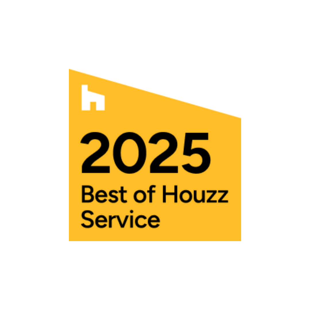 The image features a yellow badge with "2025 Best of Houzz Service" text, indicating an award for quality service in the design industry.
