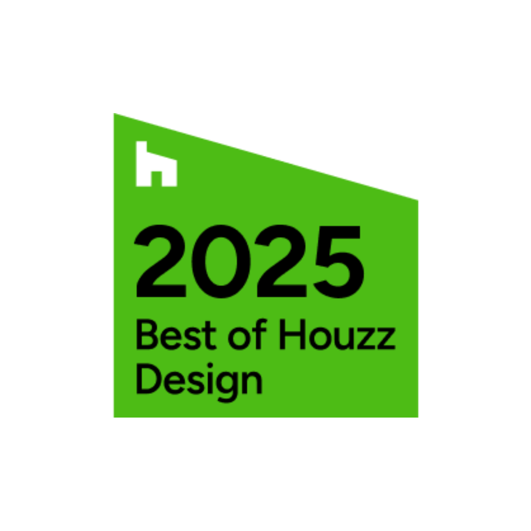 Green badge displaying "2025 Best of Houzz Design" with a house symbol at the top left, indicating recognition for excellence.