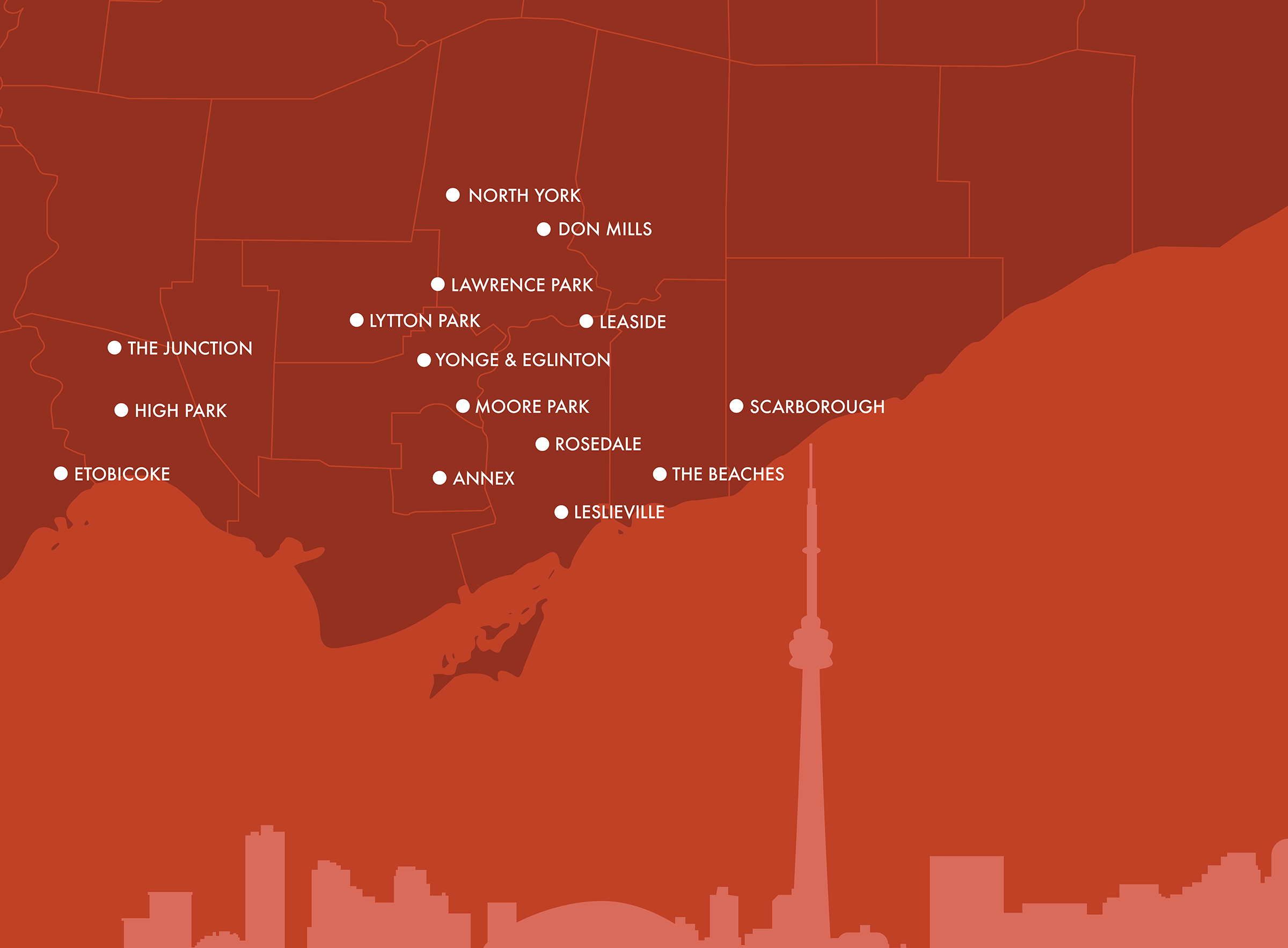 Map of Toronto neighborhoods with the CN Tower silhouette at the bottom, highlighting areas like North York, Scarborough, and The Beaches.