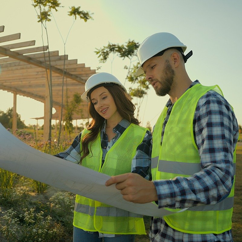 Two people in safety vests and hard hats review plans in a park with a wooden pergola and greenery in the background.