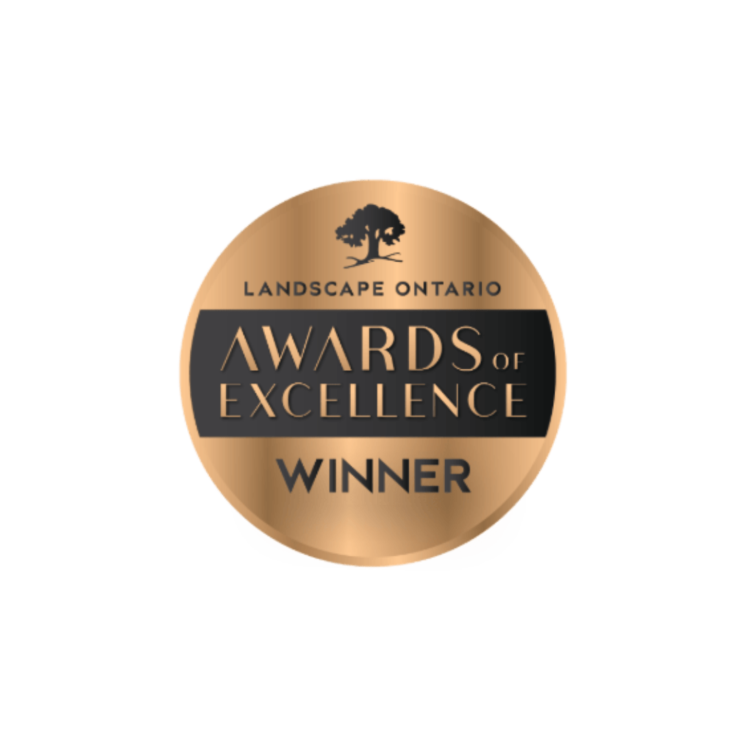 Bronze circular badge with "Landscape Ontario Awards of Excellence Winner" text, featuring a tree silhouette at the top.