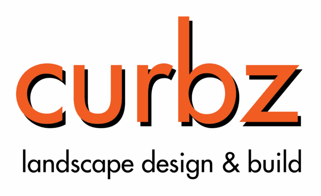 Orange and brown logo displaying "curbz" above "landscape design & build" on a dark background, featuring a modern, clean design.