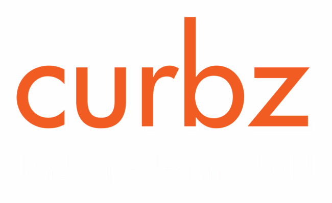 The image shows a logo with the word "curbz" in orange and "landscape design & build" in white beneath it.