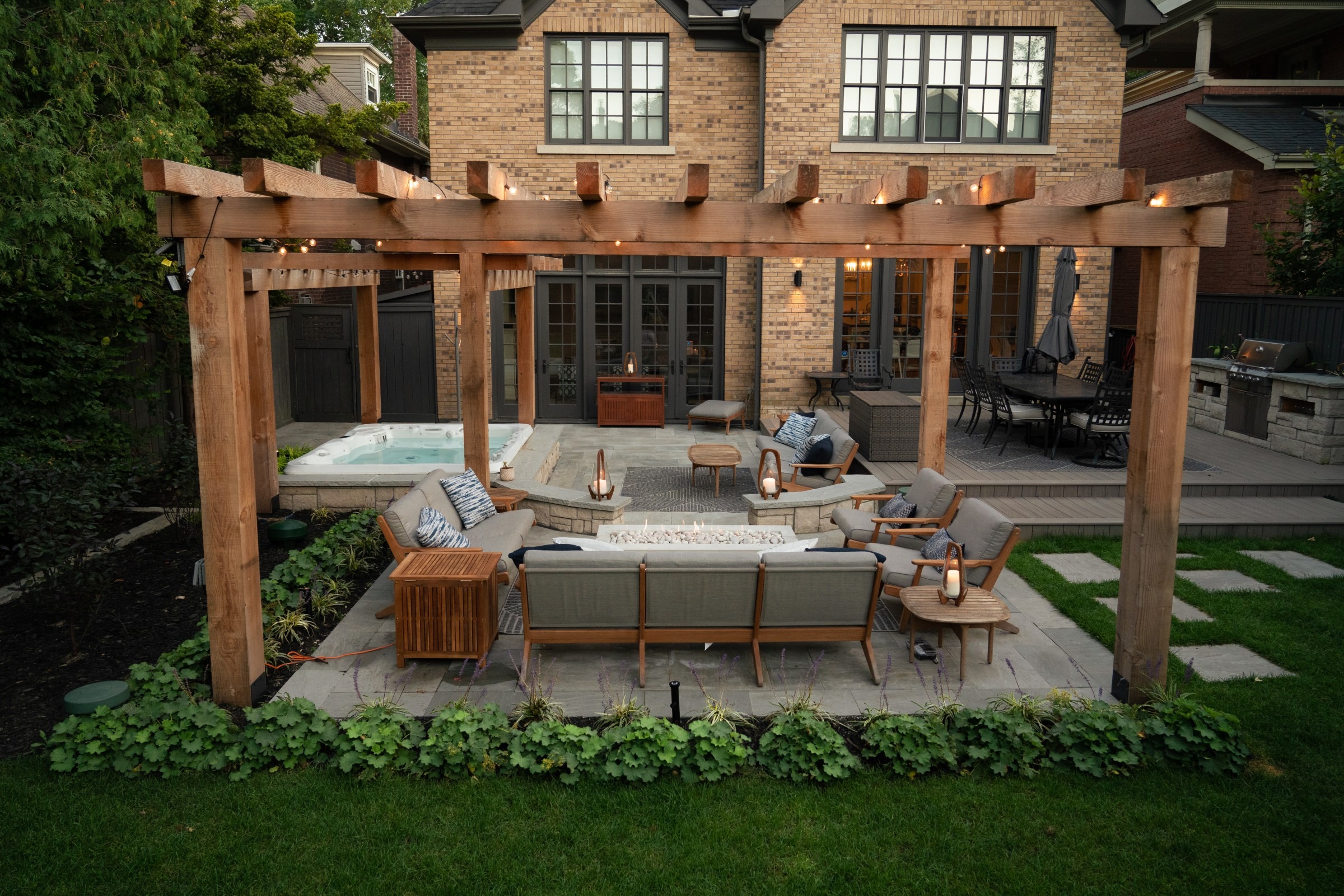 Outdoor living with pergola and beautiful landscape design