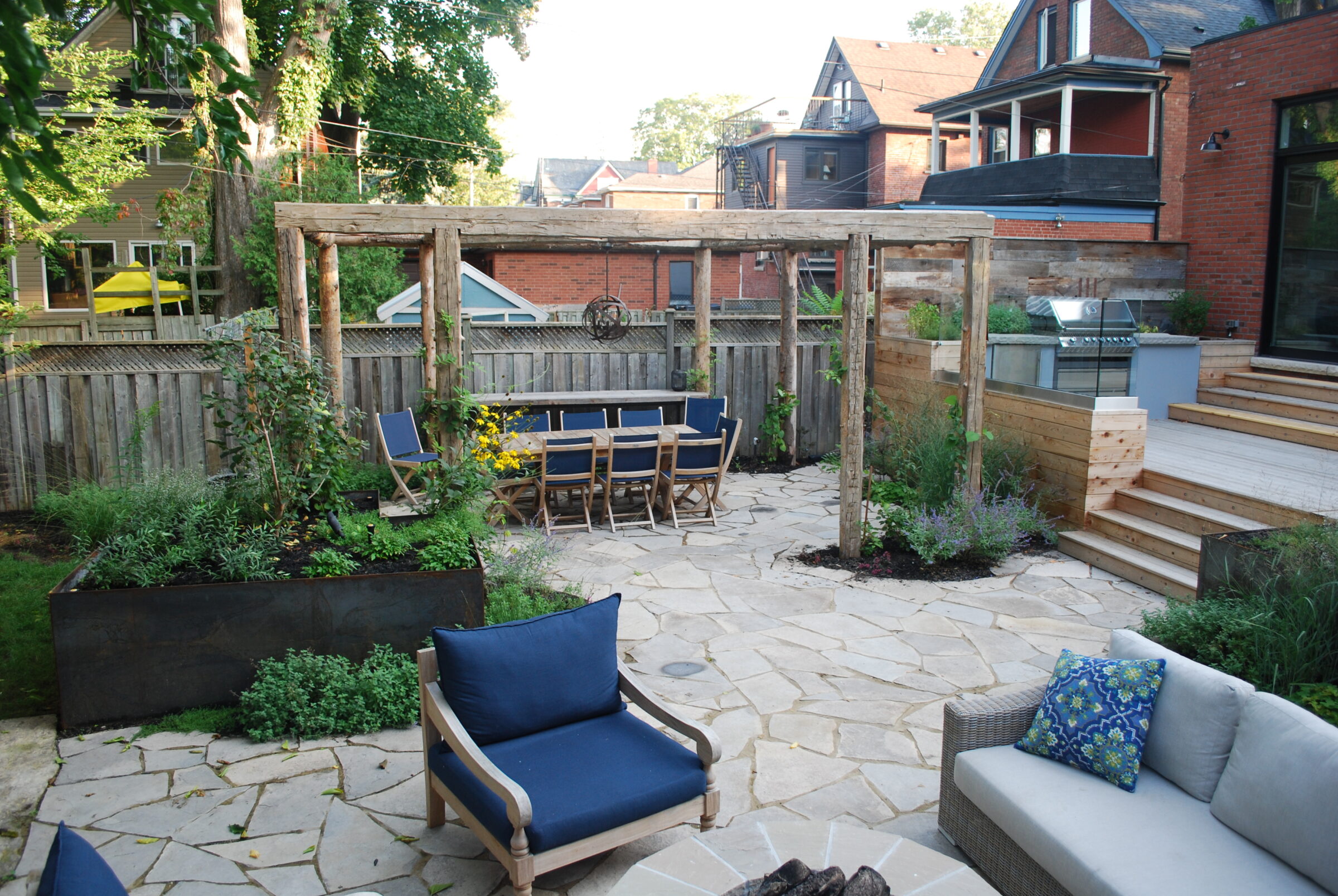 Functional backyard with patio, shade, and sitting arrangement